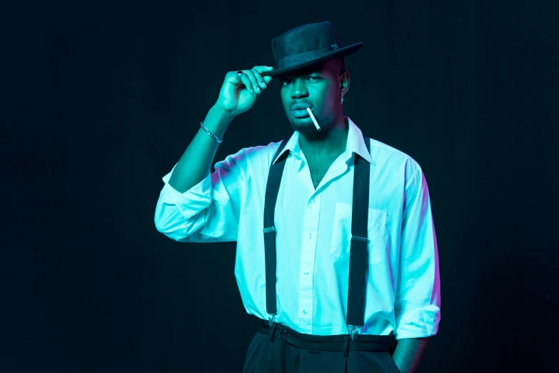 a man in a white shirt and tie smoking a cigarette, an album cover, inspired by Theo Constanté, unsplash, harlem renaissance, posing in dramatic lighting, character with a hat, neon noir, modeling shoot