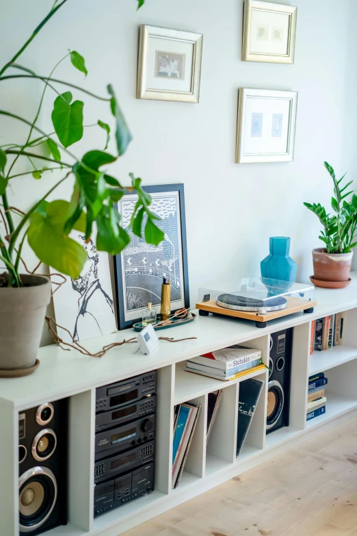 a living room filled with lots of books and plants, a picture, ultrastation hq, clean and simple, profile image, home video