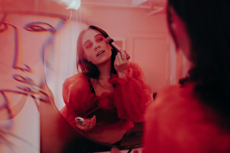 a woman brushing her teeth in front of a mirror, inspired by Elsa Bleda, pexels contest winner, happening, red neon, with professional makeup, oona chaplin, with red haze