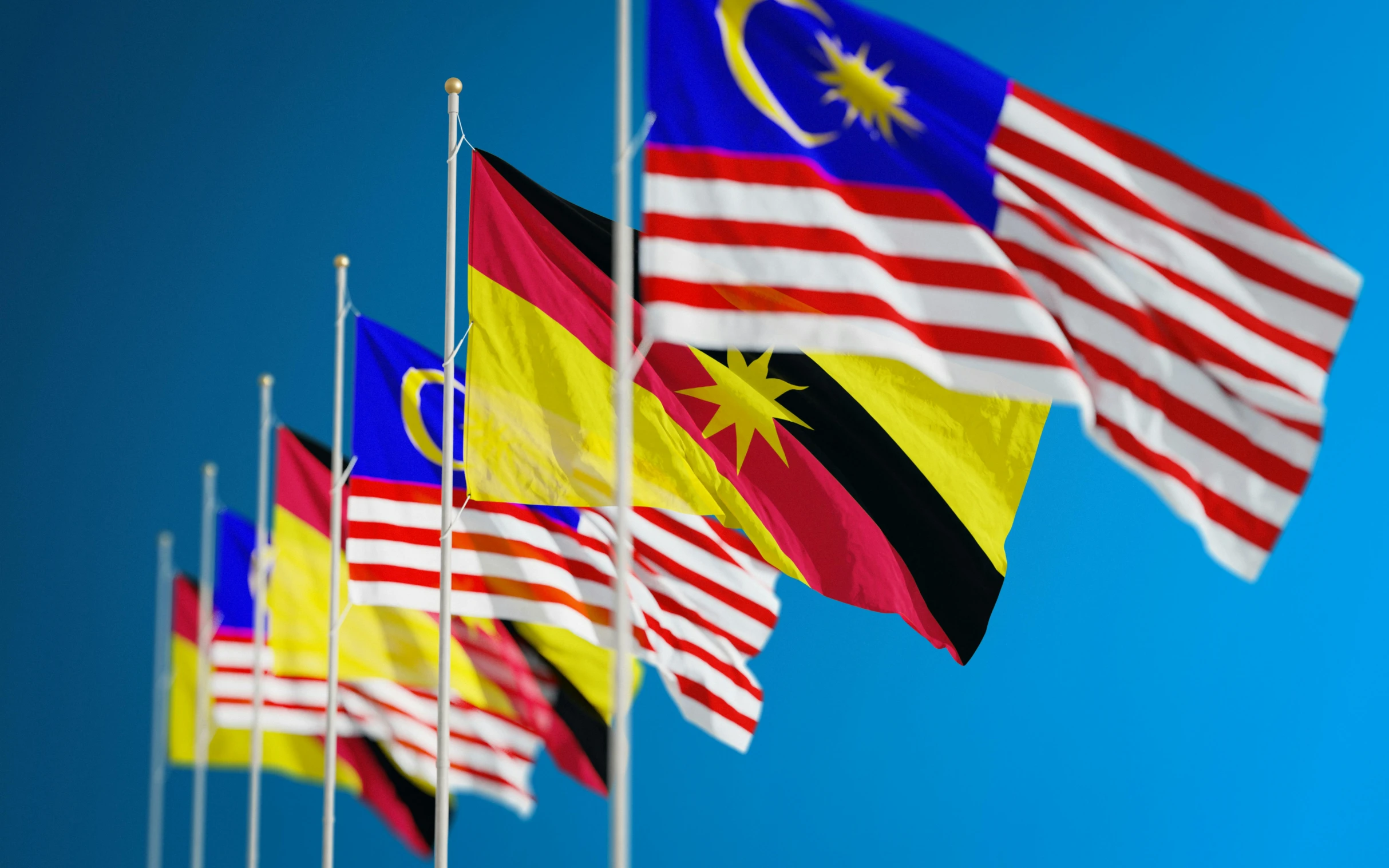 a bunch of flags that are flying in the air, by Bernardino Mei, pexels contest winner, hurufiyya, malaysian, red yellow blue, avatar image, with highly detailed