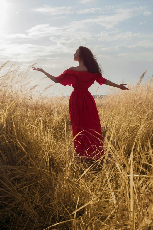 a woman in a red dress standing in a field, pexels contest winner, renaissance, enjoying the wind, gazing off into the horizon, arms outstretched, tall grass