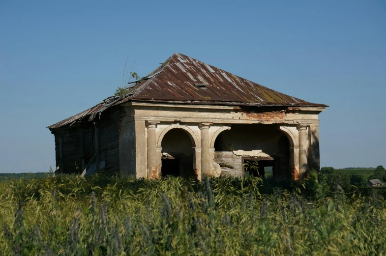 an old building sitting in the middle of a field, by Attila Meszlenyi, anna kovalevskaya, portrait image