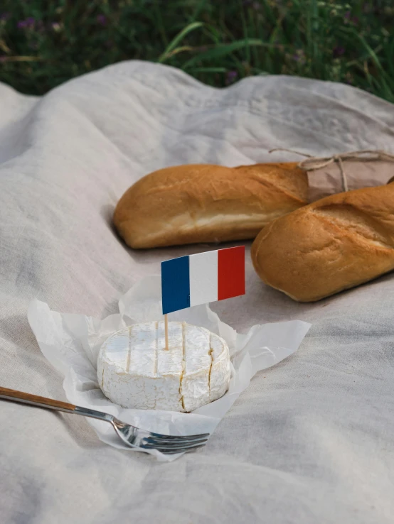 a couple of breads sitting on top of a blanket, holding a white flag, with a french garden, eating cheese, 🚿🗝📝