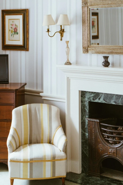 a living room filled with furniture and a fire place, inspired by Richmond Barthé, white robe, stripes, detail shot, between two chairs over a toilet