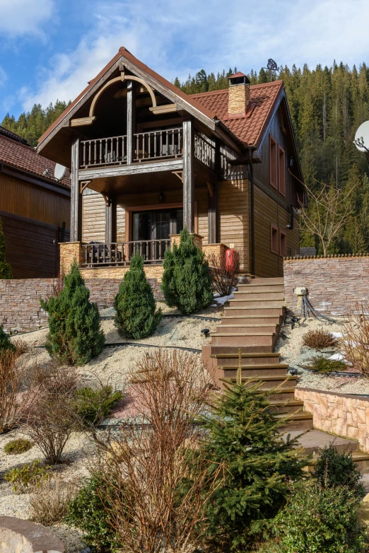 a house sitting on top of a hill next to a forest, stairs to an upper floor, chalet, street view, thumbnail