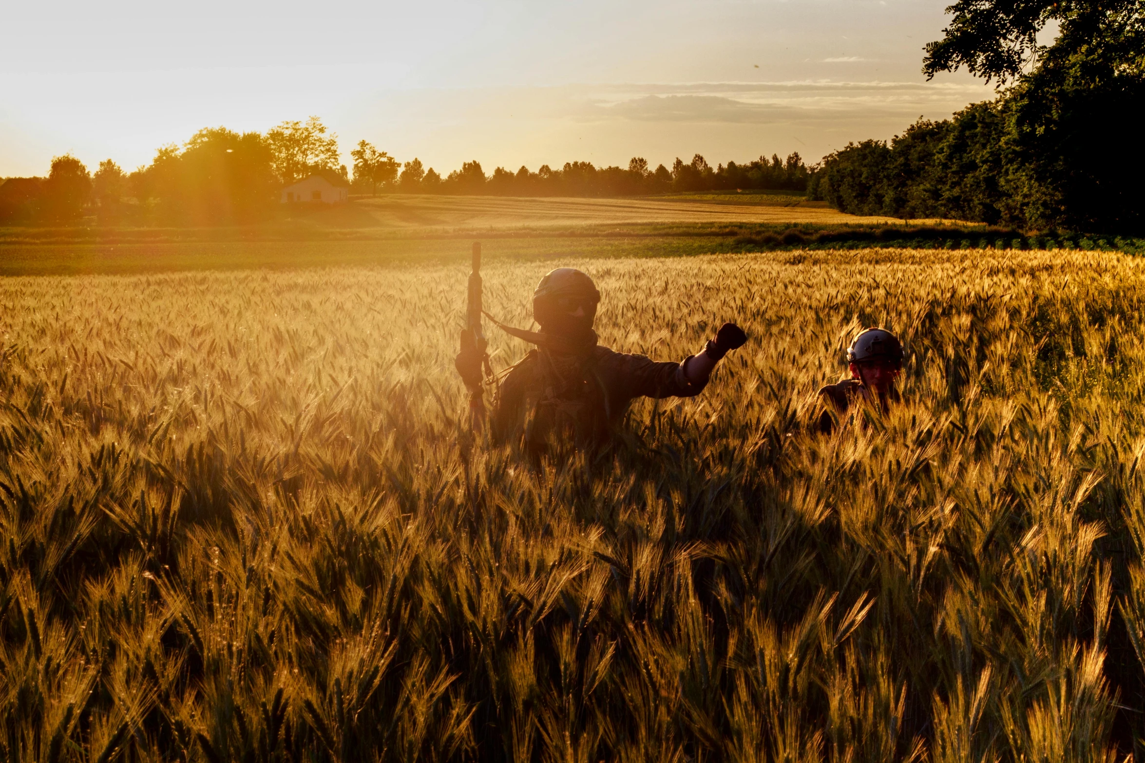 a couple of people standing in a field of wheat, by Jesper Knudsen, pexels contest winner, land art, hunting, summer evening, working out in the field, ready to eat