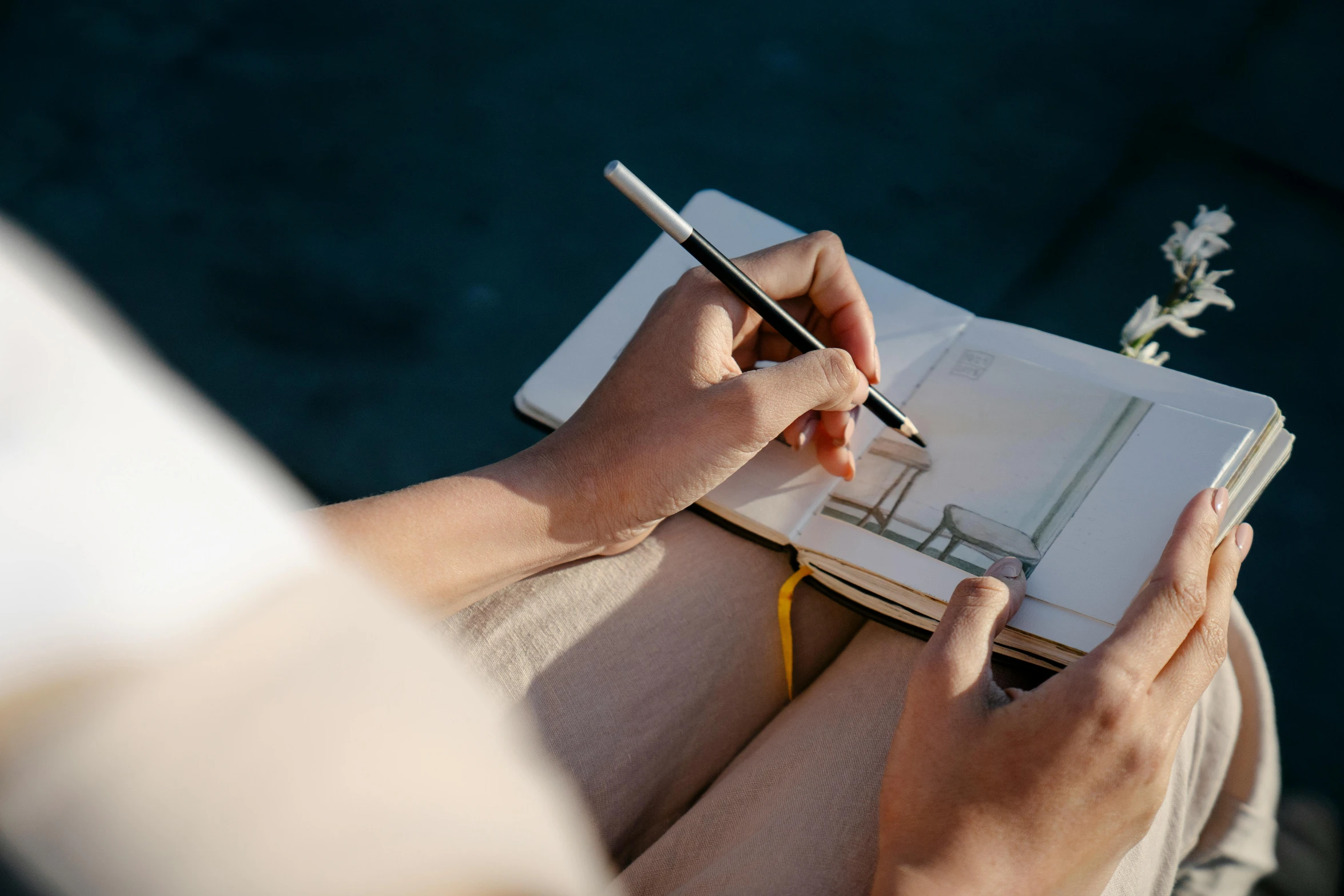 a person holding a pen and writing in a notebook, a drawing, by Daniel Seghers, pexels contest winner, al fresco, top down drawing, life drawing, amanda lilleston