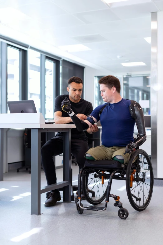 a man in a wheel chair talking to a man in a wheelchair, biomechanics, scaled arm, square, modelling