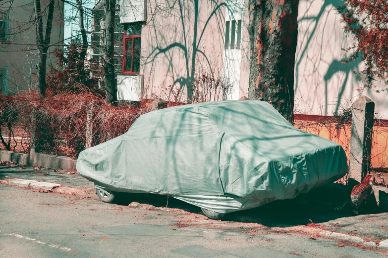 a car covered in a tarp sitting on the side of a road, inspired by Elsa Bleda, pexels contest winner, auto-destructive art, post - soviet courtyard, grey, a park, 000 — википедия