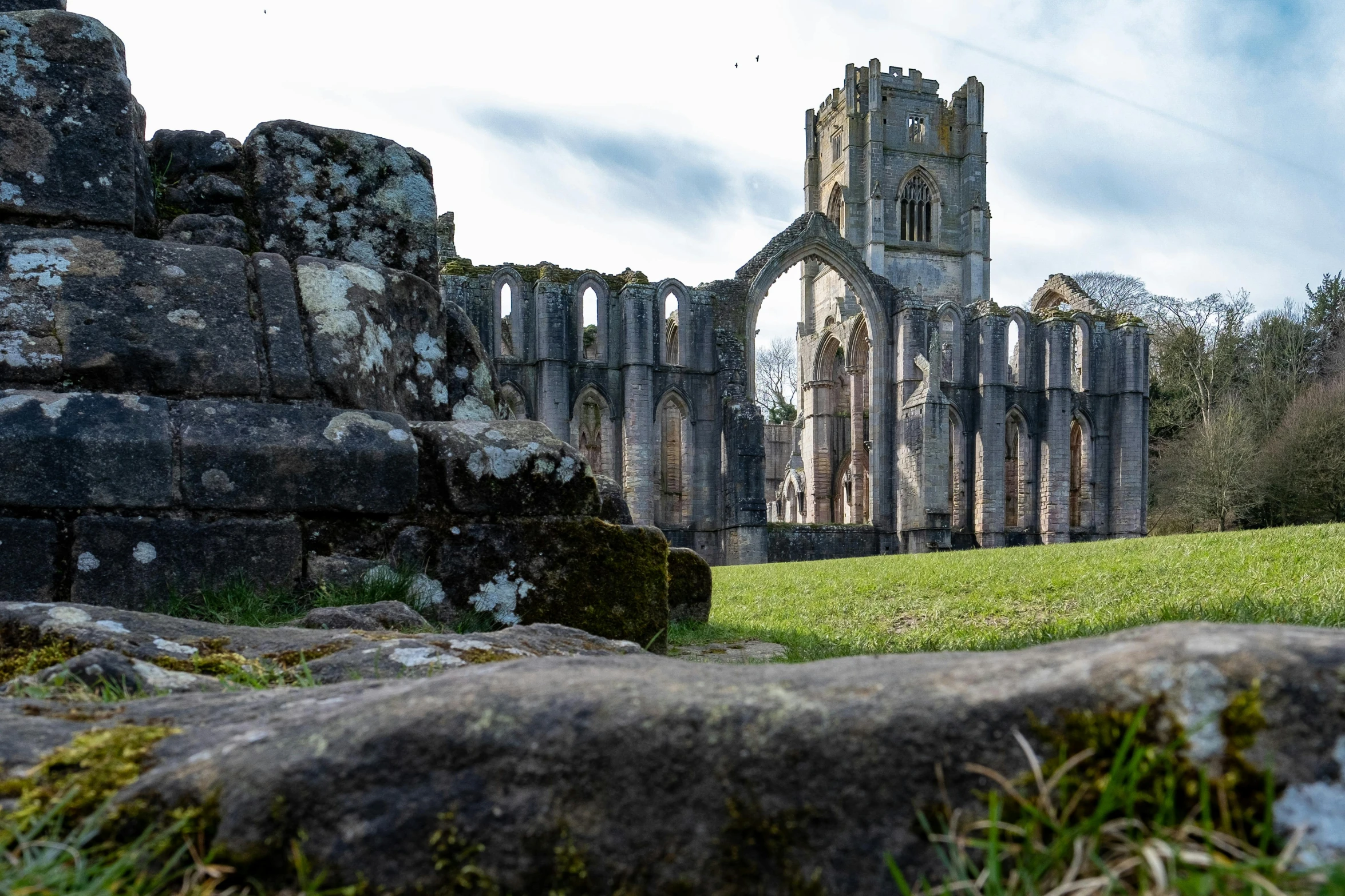 a large stone building sitting on top of a lush green field, by Kev Walker, pexels contest winner, renaissance, inside a ruined abbey, square, alabaster gothic cathedral, thumbnail