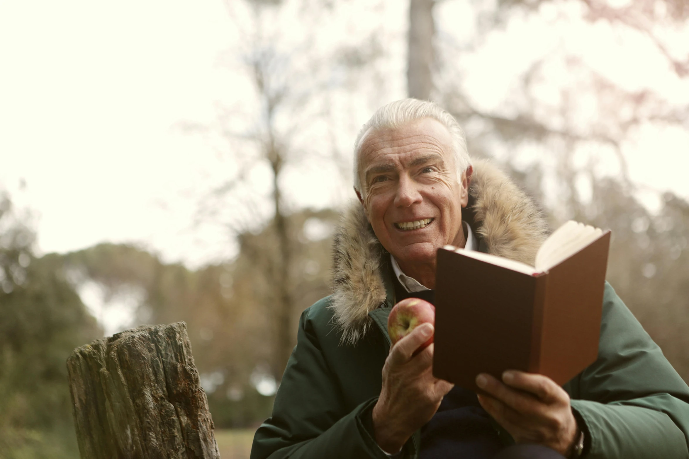 a man sitting on a bench reading a book, a portrait, by Julian Hatton, pexels contest winner, holding an apple, older male, a still of a happy, autumnal