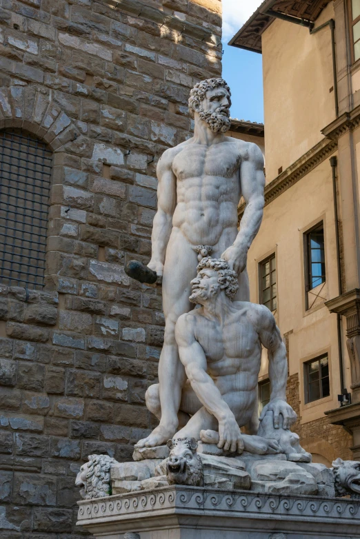 a statue of a man and a dog in front of a building, by Michelangelo, pexels contest winner, renaissance, two muscular men entwined, bargello, hydra with eight heads, drag