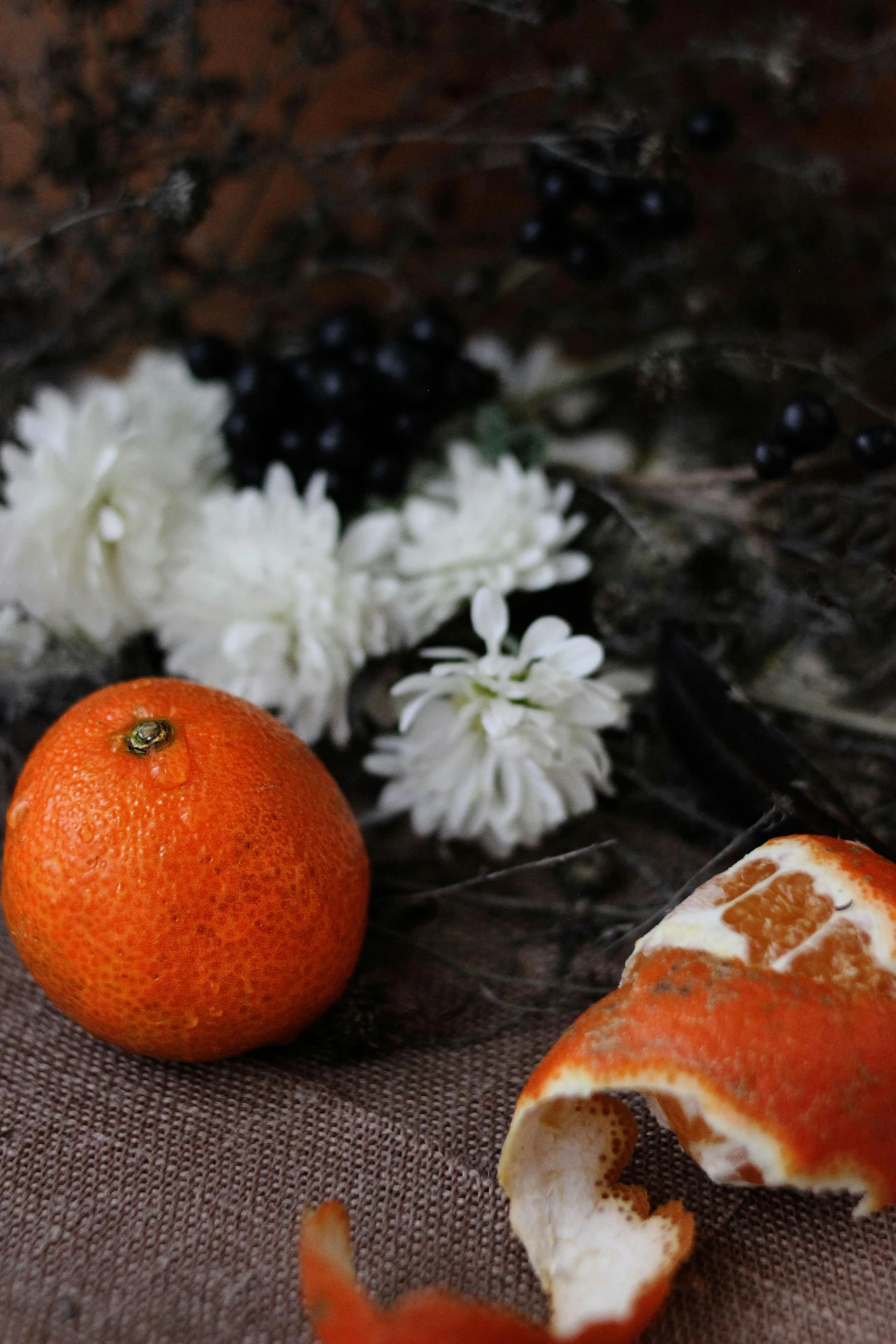 an orange sitting on top of a table next to a bunch of flowers, a still life, by Carey Morris, unsplash, renaissance, eating rotting fruit, dark and white, orange fluffy spines, winter setting