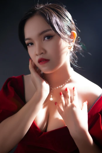 a woman in a red dress posing for a picture, an album cover, inspired by Huang Ji, instagram, decolletage, 8 k ), square, large)}]