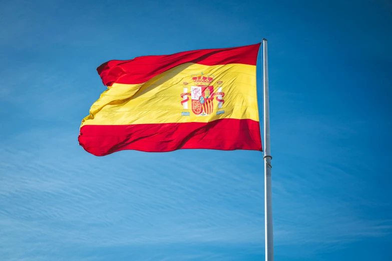 the spanish flag flies high in the blue sky, pexels, hurufiyya, square, print ready, grey, can