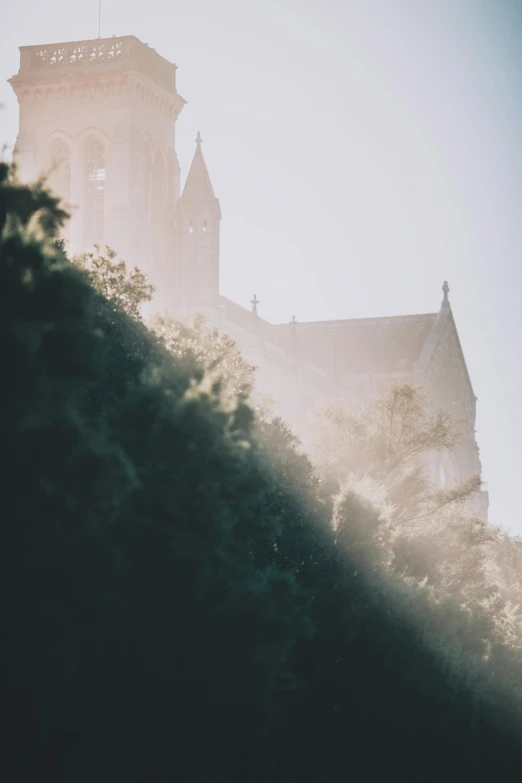 a large building sitting on top of a lush green hillside, by Johannes Voss, unsplash contest winner, romanticism, delicate soft hazy lighting, cathedral, with soft bushes, dramatic morning light