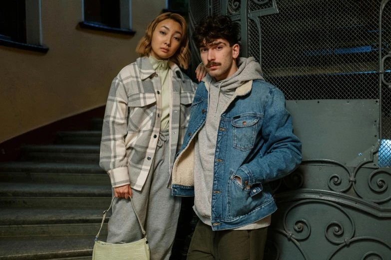 a man and a woman standing next to each other, trending on pexels, realism, street clothing, pokimane, grey jacket, thumbnail
