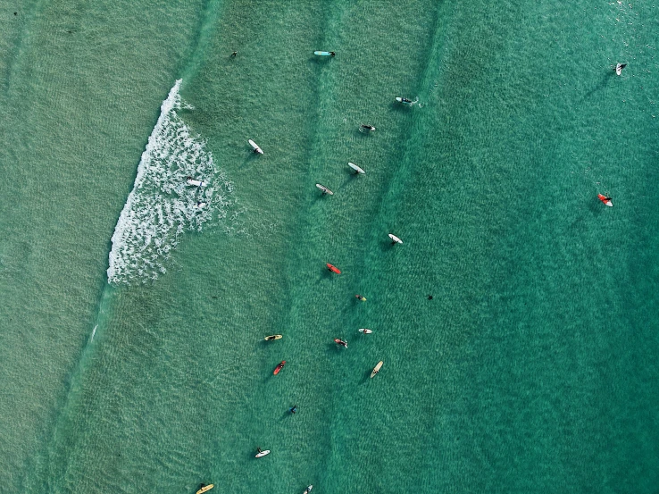 a group of people riding surfboards on top of a body of water, by Peter Churcher, pexels contest winner, birdseye view, gold coast australia, thumbnail, textured