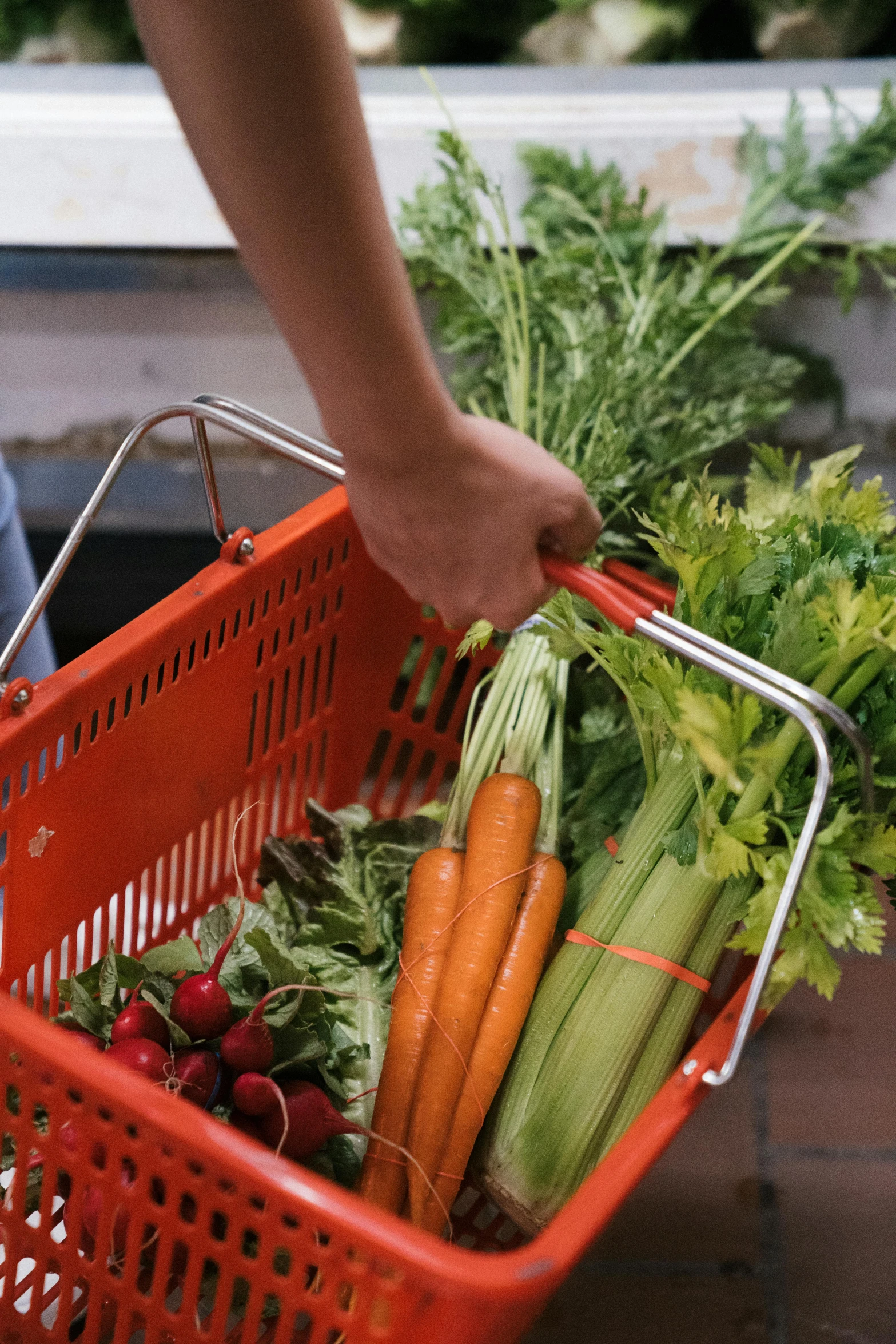 a person holding a basket full of vegetables, orange and white color scheme, exiting store, uncrop, rectangle