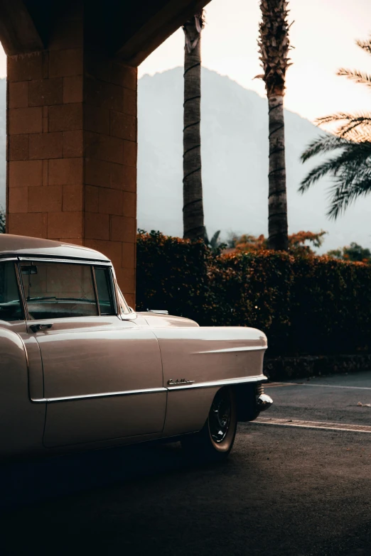 a classic car parked in front of a building, pexels contest winner, modernism, with palm trees in the back, early morning lighting, 5 0 s aesthetic, grey