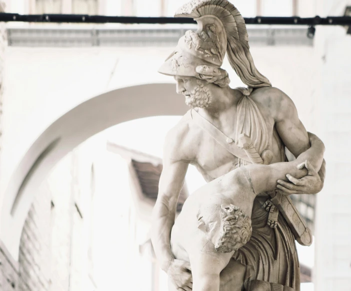 a statue of a man holding a sheep, a statue, by Giorgio De Vincenzi, pexels contest winner, neoclassicism, ares with heavy armor and sword, white marble interior photograph, 🚿🗝📝, wearing an elaborate helmet