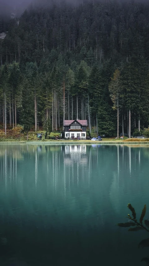 a house in the middle of a lake surrounded by trees, by Sebastian Spreng, pexels contest winner, teal color graded, chalet, black, a cozy