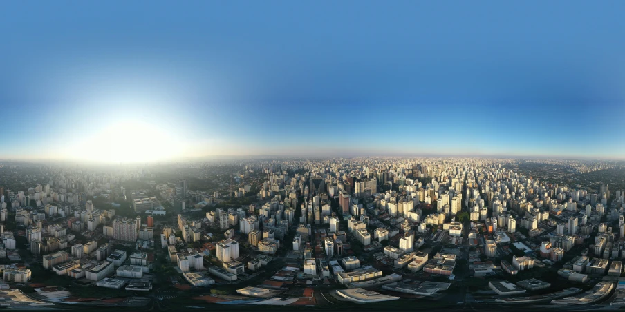 a panoramic view of a city with lots of tall buildings, by Luis Miranda, pexels contest winner, conceptual art, sao paulo in the year 2 0 7 0, sperical hdri map, sun and shadow over a city, aerial perspective