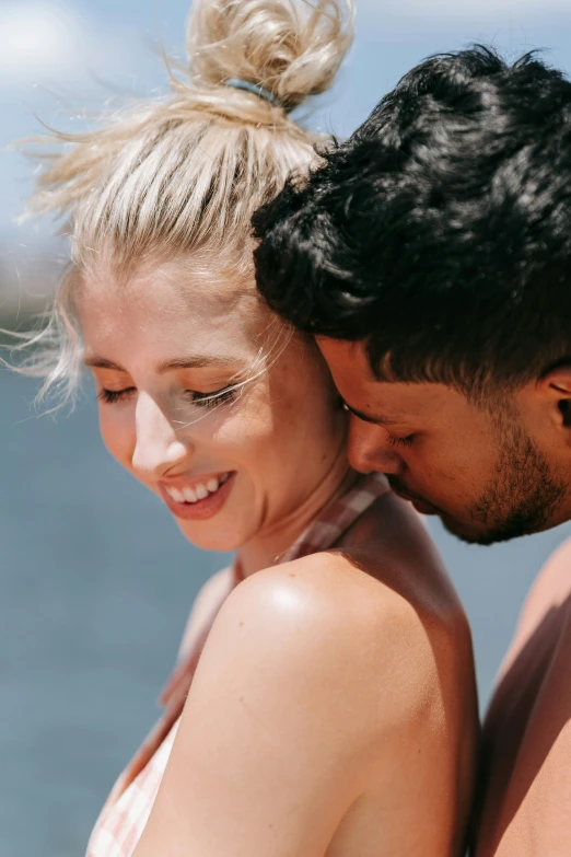 a man kissing a woman on the beach, trending on unsplash, renaissance, close up of a blonde woman, sunbathed skin, portrait of women embracing, boat