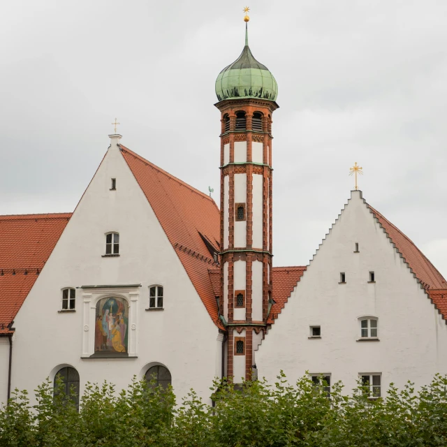 a church with a steeple and a clock tower, an album cover, by Werner Gutzeit, pexels contest winner, renaissance, white buildings with red roofs, lucas cranach, square, 15081959 21121991 01012000 4k