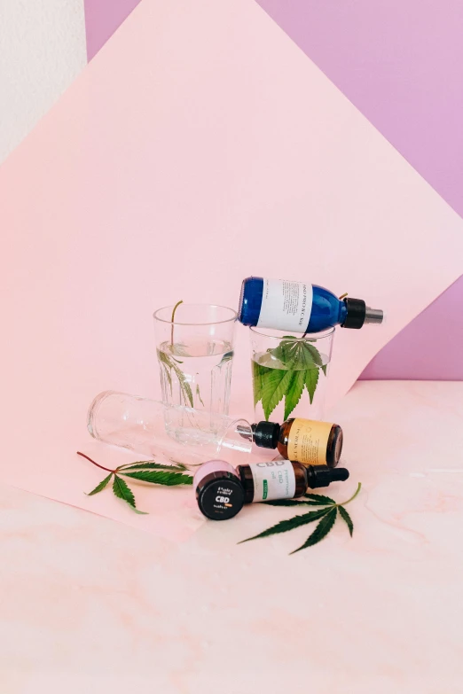 a couple of bottles sitting on top of a table, product image, botanical rainbow backdrop, medicine, middle shot