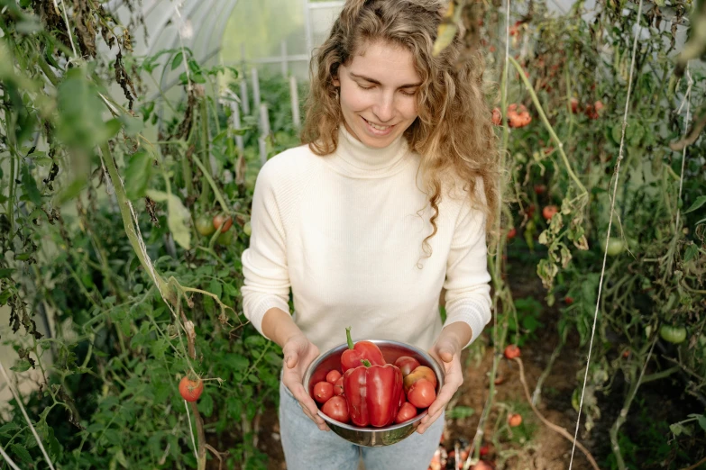 a woman holding a bowl of tomatoes in a greenhouse, by Emma Andijewska, pexels contest winner, renaissance, avatar image, red sweater and gray pants, pepper, 🦩🪐🐞👩🏻🦳