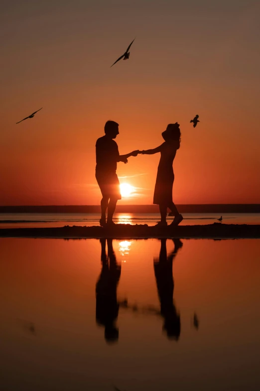 a couple holding hands on the beach at sunset, by Jan Tengnagel, pexels contest winner, reflection, flight, 15081959 21121991 01012000 4k