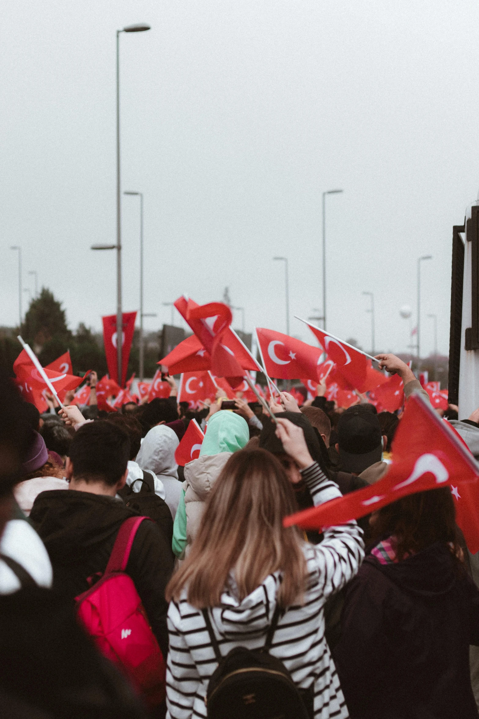 a crowd of people holding red and white flags, a cartoon, pexels, hurufiyya, instagram story, turkey, from the back, scotland