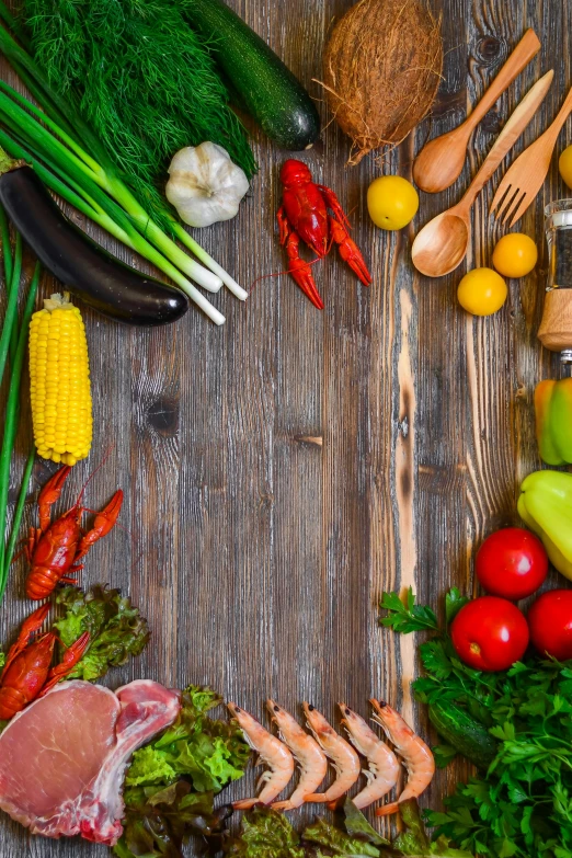 a wooden table topped with assorted fruits and vegetables, slide show, key art, square, corn