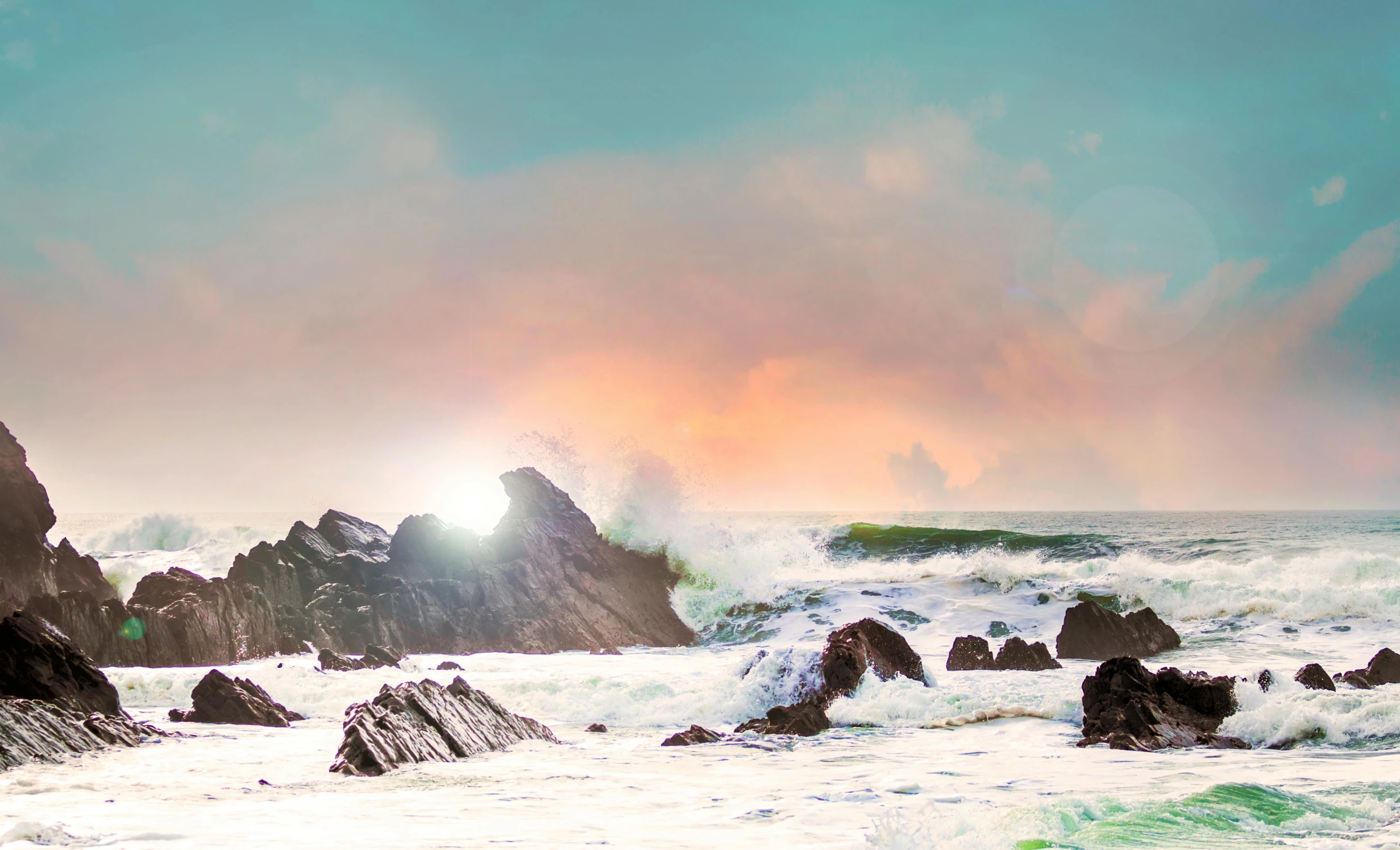 a man riding a surfboard on top of a wave in the ocean, an album cover, pexels contest winner, romanticism, waves crashing at rocks, pastel colored sunrise, photograph of san francisco, 3840x2160