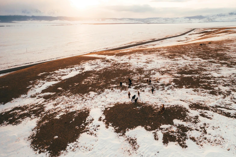 a group of people standing on top of a snow covered beach, unsplash contest winner, land art, herds fighting, icelandic valley, flat lay, golden hour photo