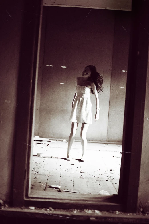 a woman standing in front of a mirror in a room, inspired by Katia Chausheva, wearing white dress, in a space horror setting, walking towards camera, teenage girl