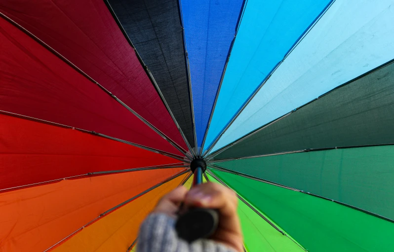 a person taking a picture of a multicolored umbrella, by Peter Churcher, trending on unsplash, show from below, 2 5 6 colours, instagram post, lgbtq