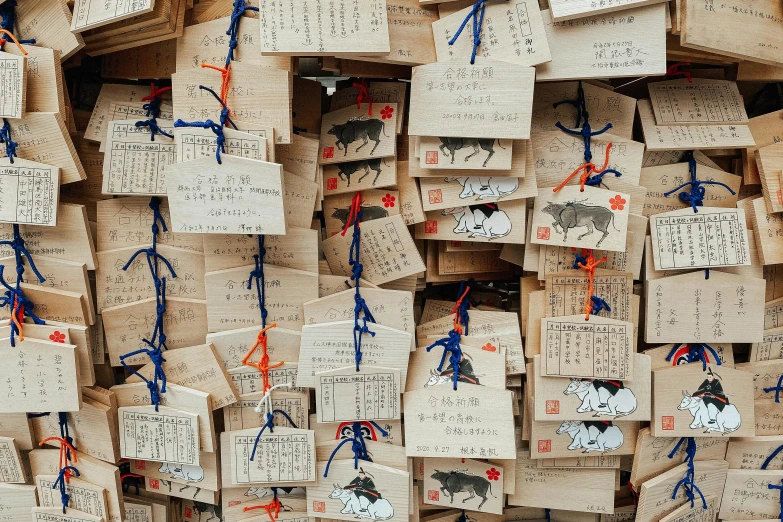 a bunch of tags hanging from the side of a wall, unsplash, ukiyo-e, peaked wooden roofs, 🦩🪐🐞👩🏻🦳, cardboard, shrines