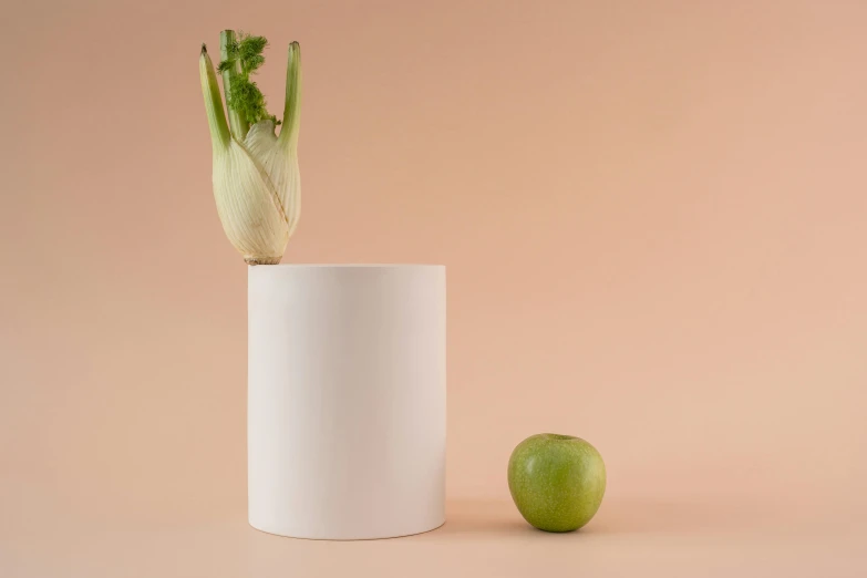 a green apple sitting next to a white vase, 200mm wide shot, artichoke, trending on dezeen, o'neill cylinder