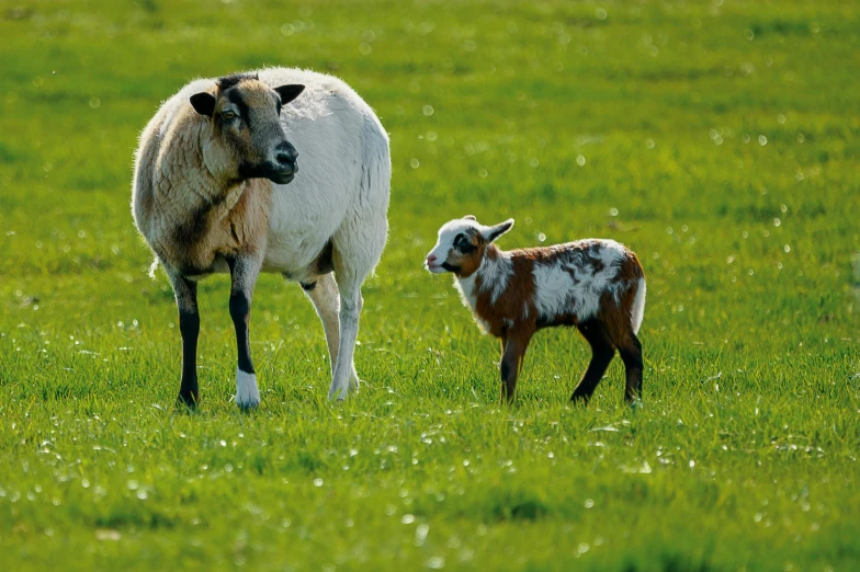 a couple of sheep standing on top of a lush green field, slide show, diverse species, 2 animals, haafingar hold