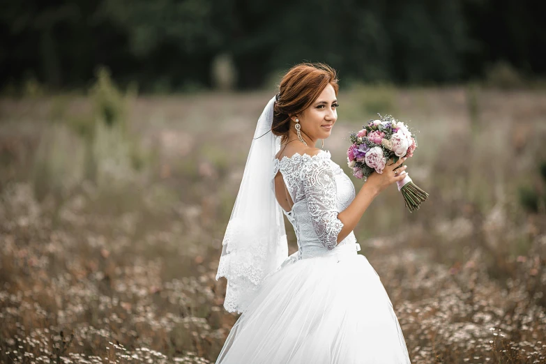 a woman in a wedding dress holding a bouquet, pexels contest winner, in field high resolution, 15081959 21121991 01012000 4k, beautiful and smiling, angelina stroganova