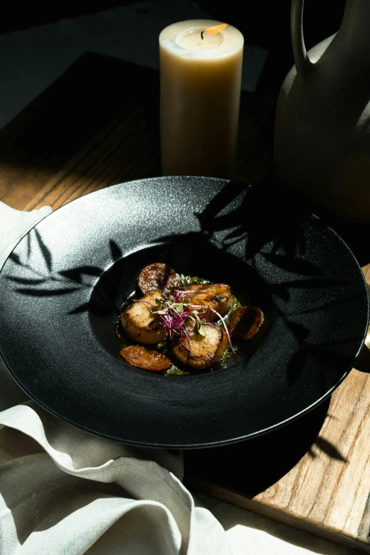 a plate of food sitting on top of a wooden table, inspired by Tomàs Barceló, renaissance, black peonies, dramatic product lighting, clover, raku