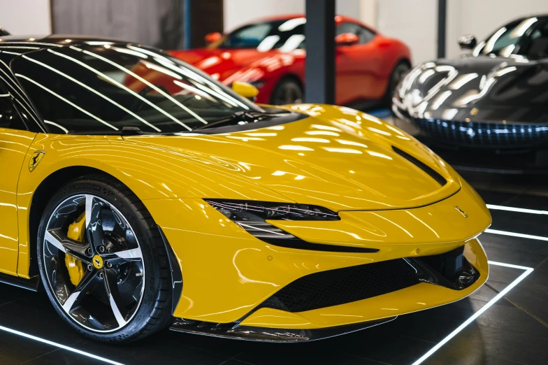 a yellow sports car parked in a showroom, inspired by Bernardo Cavallino, pexels contest winner, lotus, chest plate with ferrari logo, australia, ground - level view