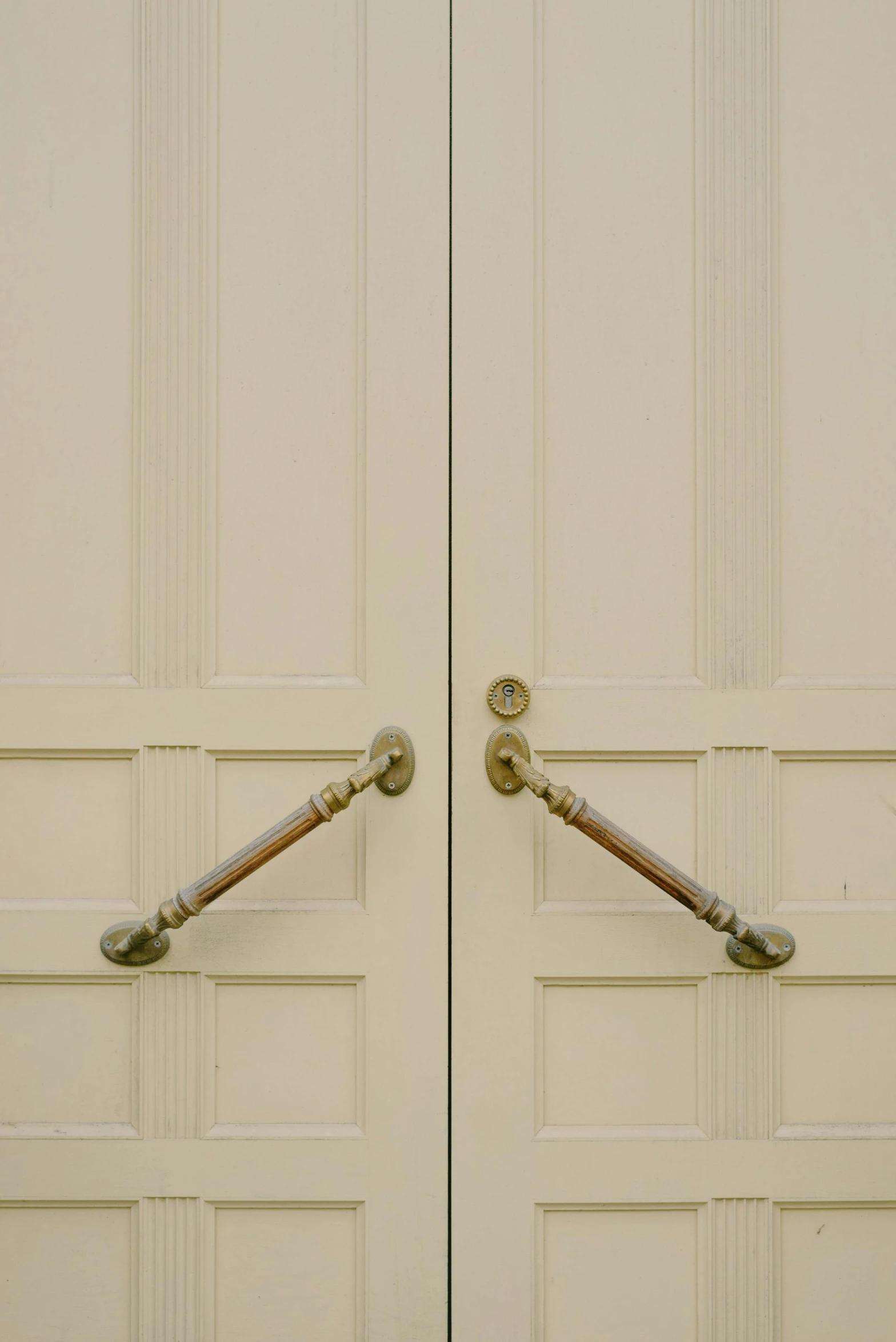 a couple of white doors sitting next to each other, by David Simpson, brass plated, tradition, cream, morning detail