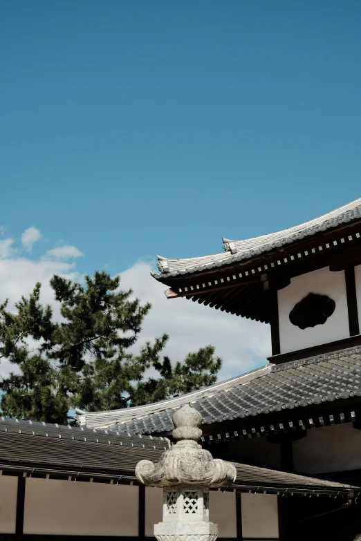 a close up of a building with a sky background, inspired by Itō Jakuchū, trending on unsplash, sōsaku hanga, castles and temple details, roof with vegetation, square, clear blue skies