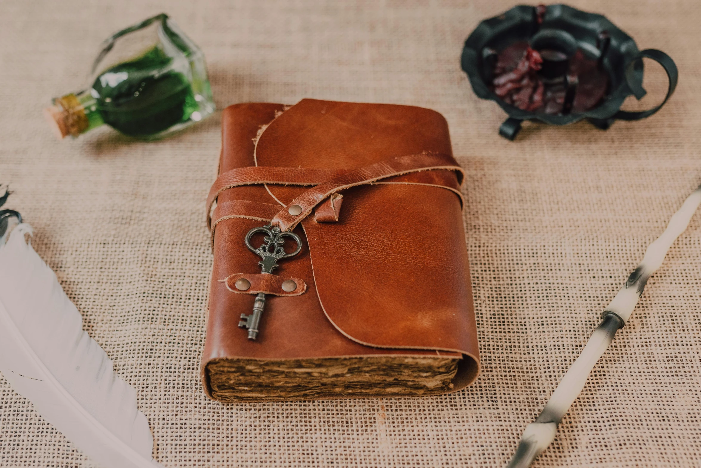 a book sitting on top of a table next to a feather, by Alice Mason, unsplash, renaissance, leather pouch, old book chained to the wrist, delightful surroundings, with some hand written letters