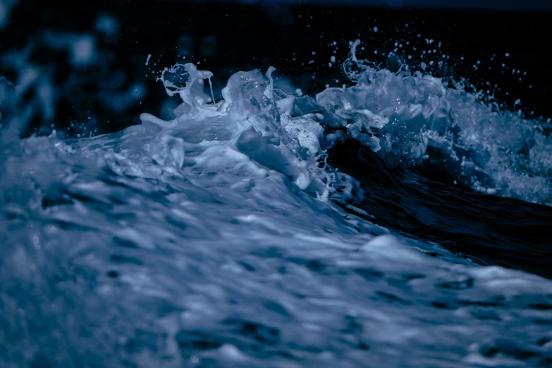 a close up of a wave in the ocean, an album cover, unsplash, hurufiyya, mid night, running water, detailed photo 8 k, blue