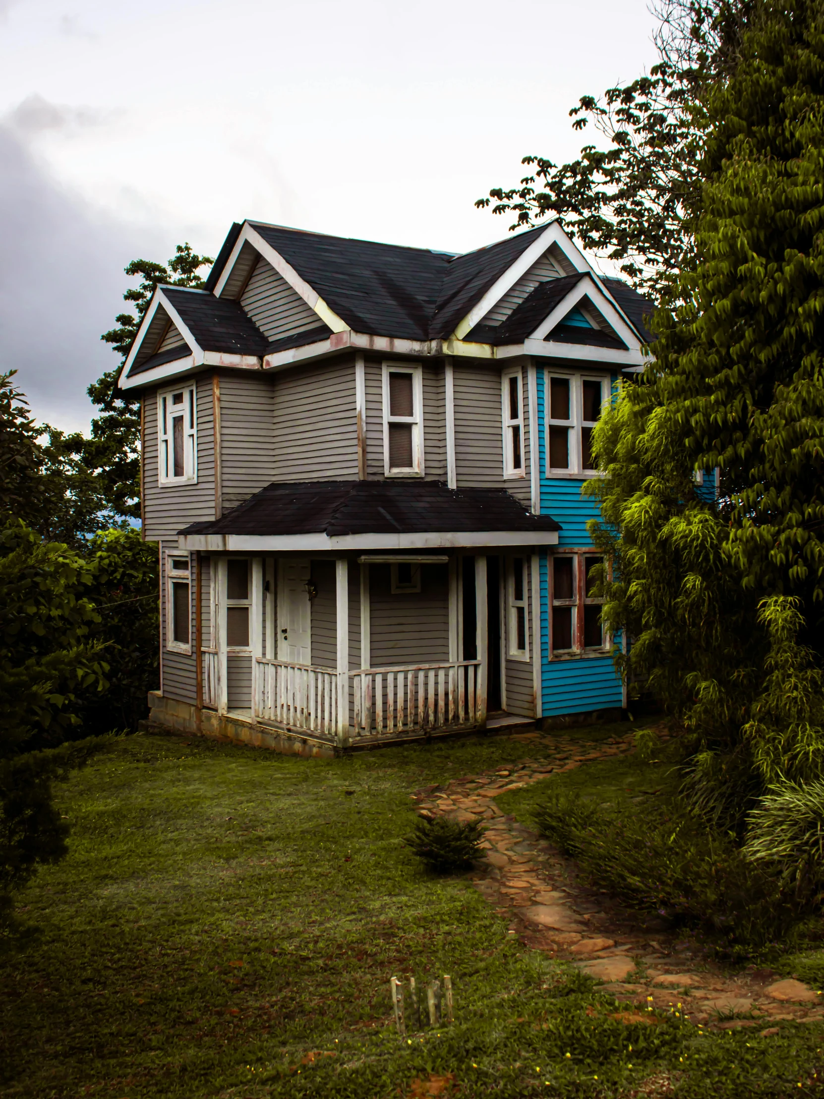 a blue house sitting on top of a lush green field, a tilt shift photo, inspired by Gregory Crewdson, colors of jamaica, beautiful house on a forest path, shot with sony alpha 1 camera, exterior view