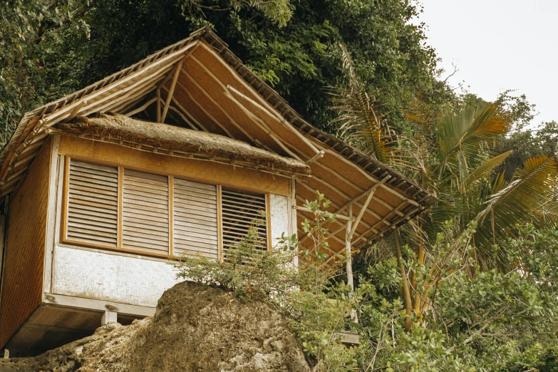 a small house sitting on top of a hill, a digital rendering, unsplash, shin hanga, tropical style, 1980s photo, philippines, cottage close up